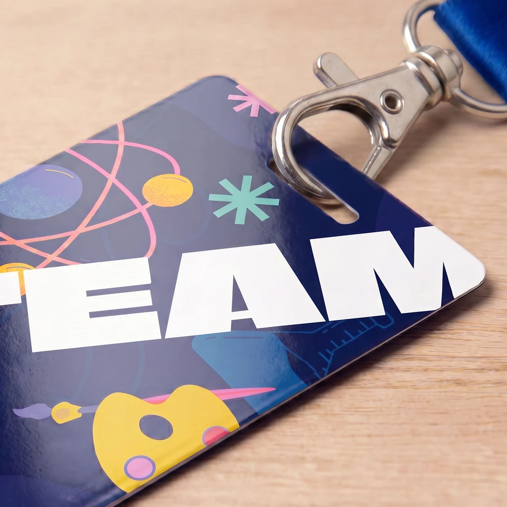 Credit-card-size CR80 plastic event badge with a colorful science and art themed design, clipped to a lanyard
