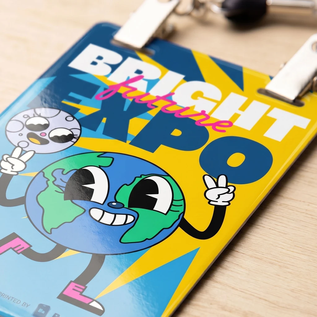 3.5 by 5.5 inch plastic event badge with a bold yellow and blue expo-themed cartoon design, clipped to a lanyard