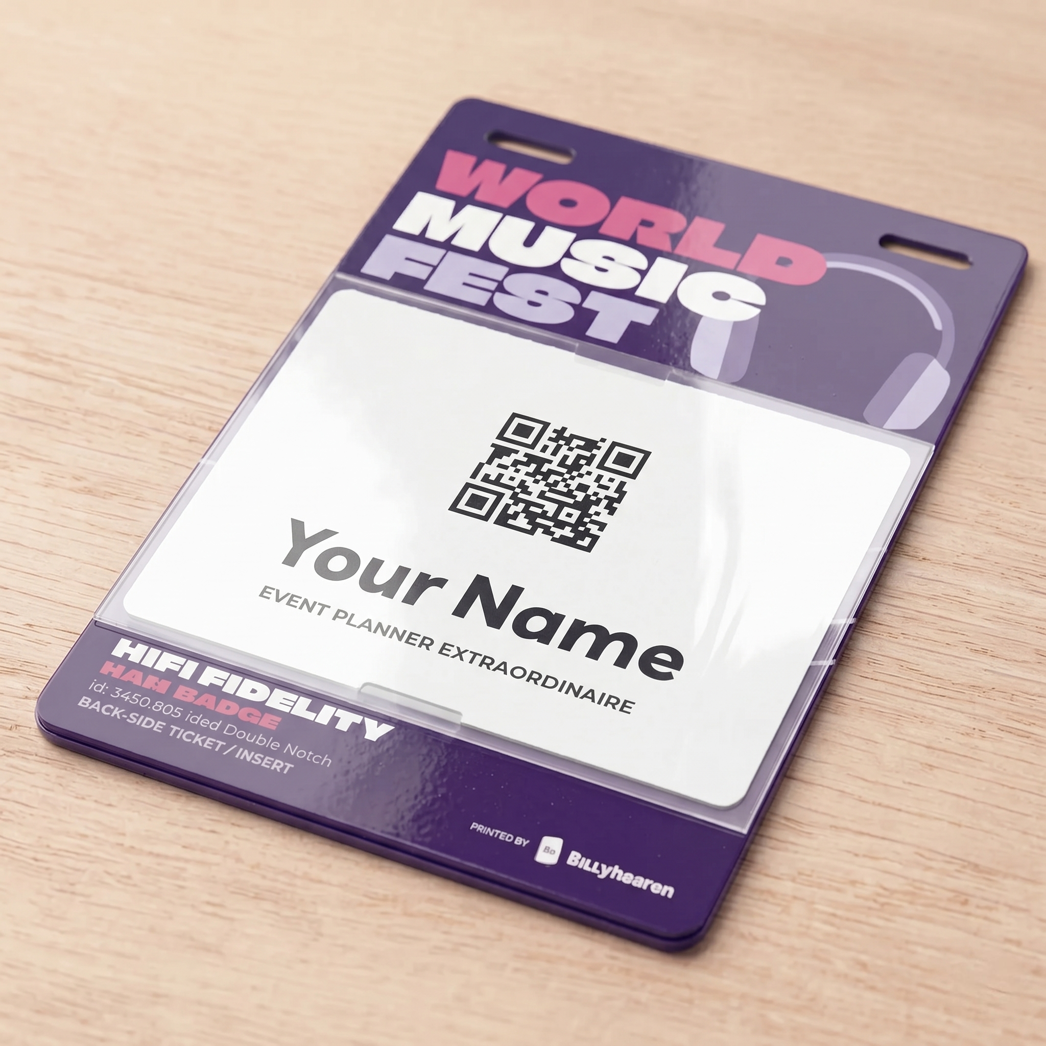 4.25 by 6 inch plastic badge with a clear adhesive pocket holding a printed insert showing a QR code and attendee name