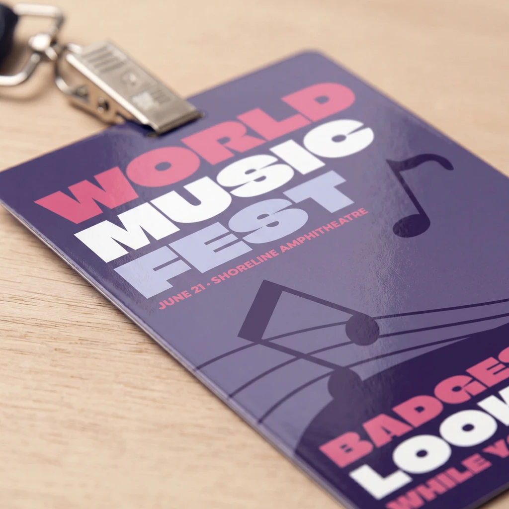 4.25 by 6 inch plastic event badge with full-color festival branding, clipped to a lanyard