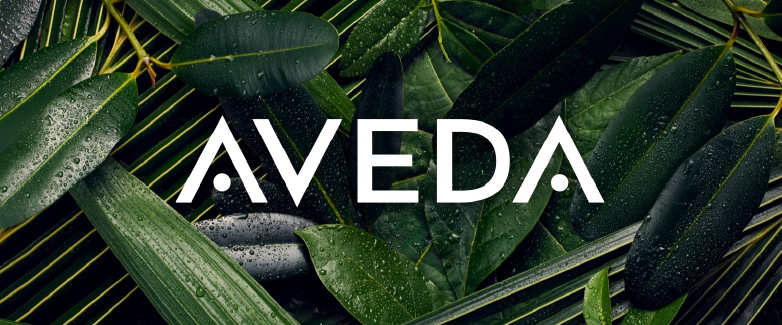 Aveda product packaging with natural color palette and botanical imagery