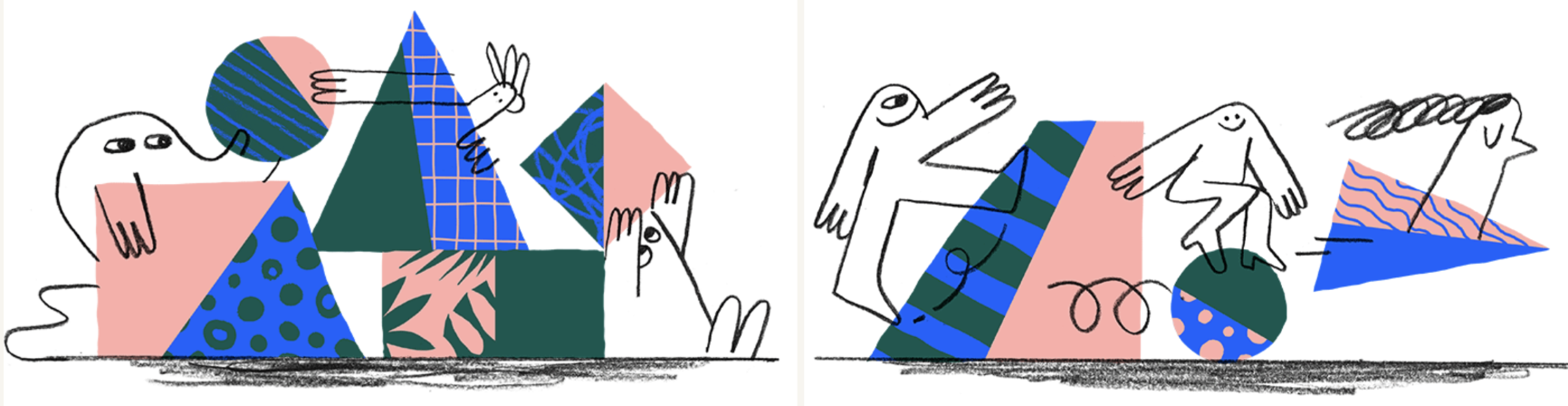 Dropbox whimsical brand illustrations featuring playful characters and abstract shapes