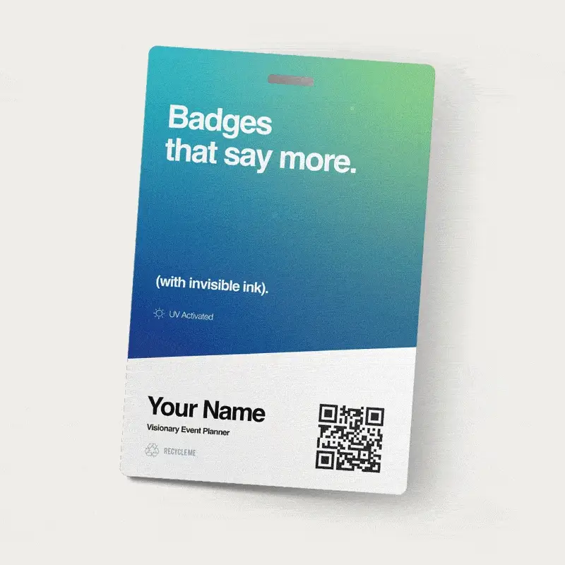 Custom event badge with invisible ink security feature visible under UV light
