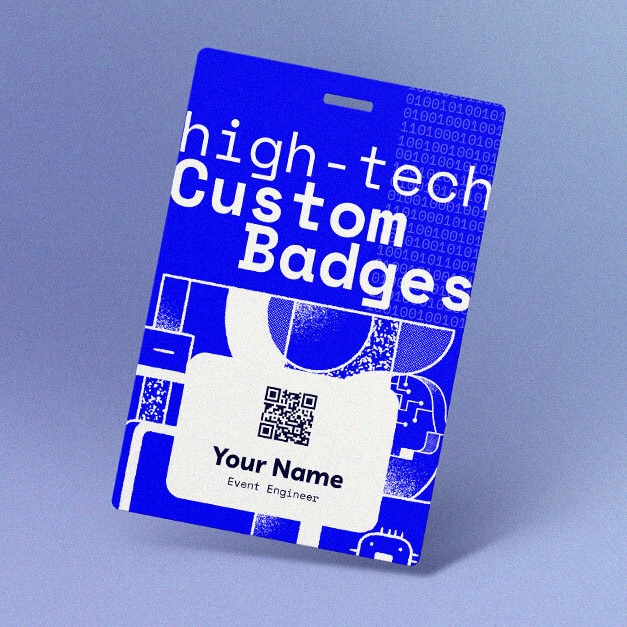 Personalized event name badges for trade shows, product launches, and hackathons