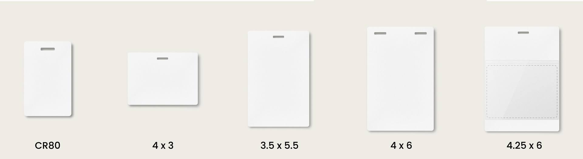 Comparison chart of common custom event badge sizes: CR80, 4x3, 3.5x5.5, 4x6, and 4.25x6