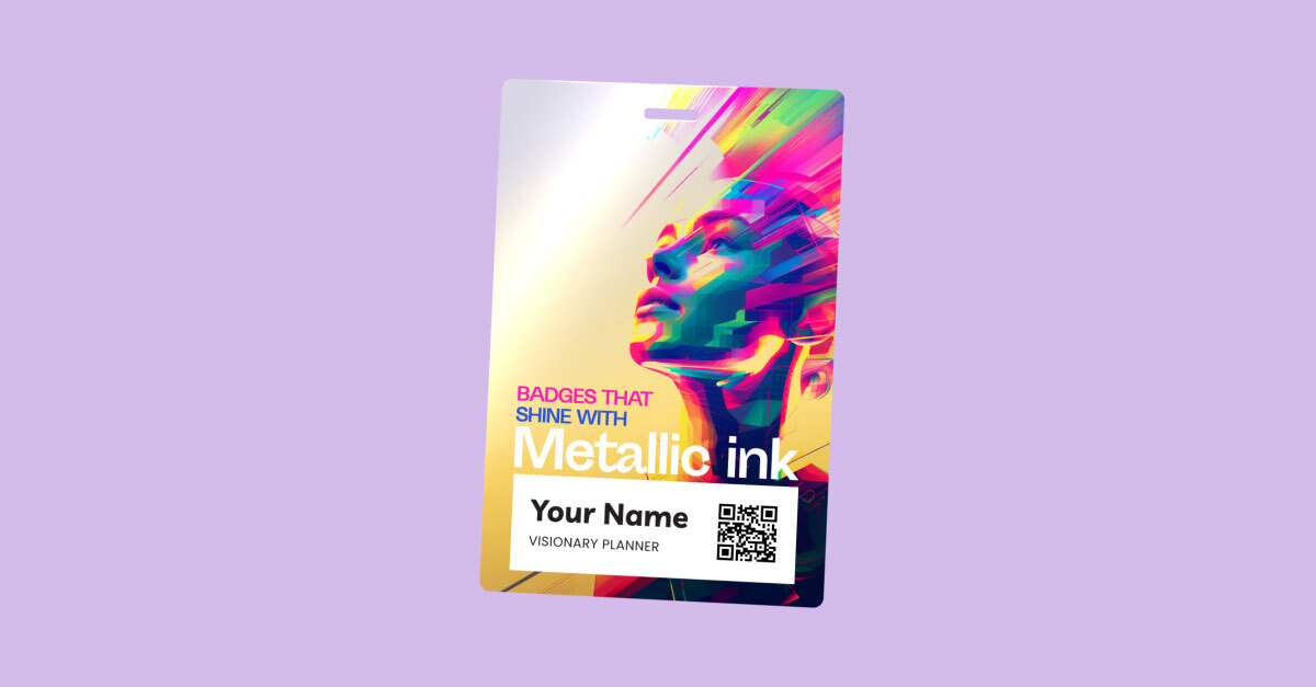 Custom event badge with metallic color accents and clean typography