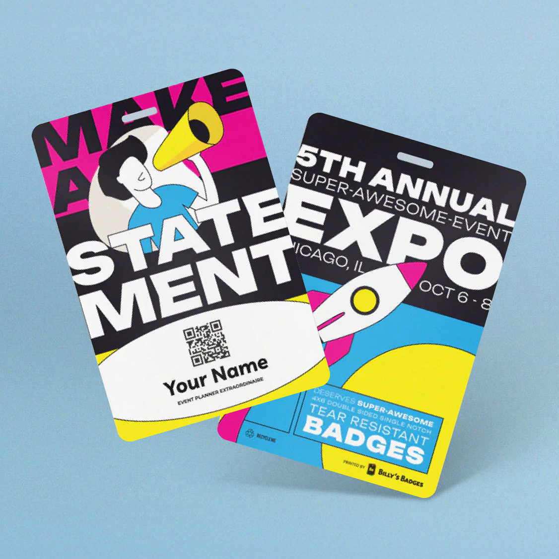 Front and back view of a custom-printed paper event badge from Billy's Badges