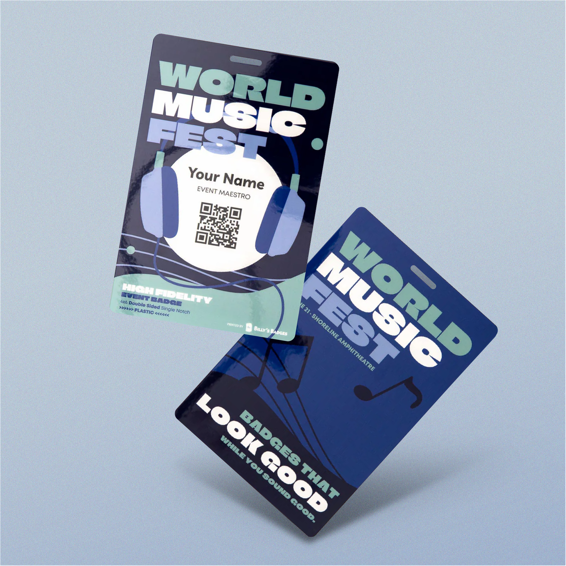 Front and back view of a custom-printed plastic event badge from Billy's Badges