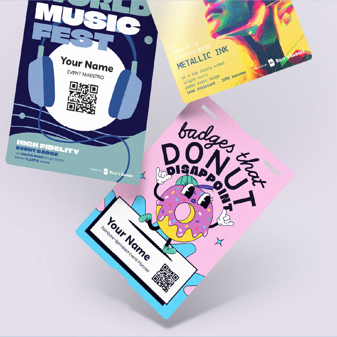 Custom event badge sample pack showing print quality and color accuracy