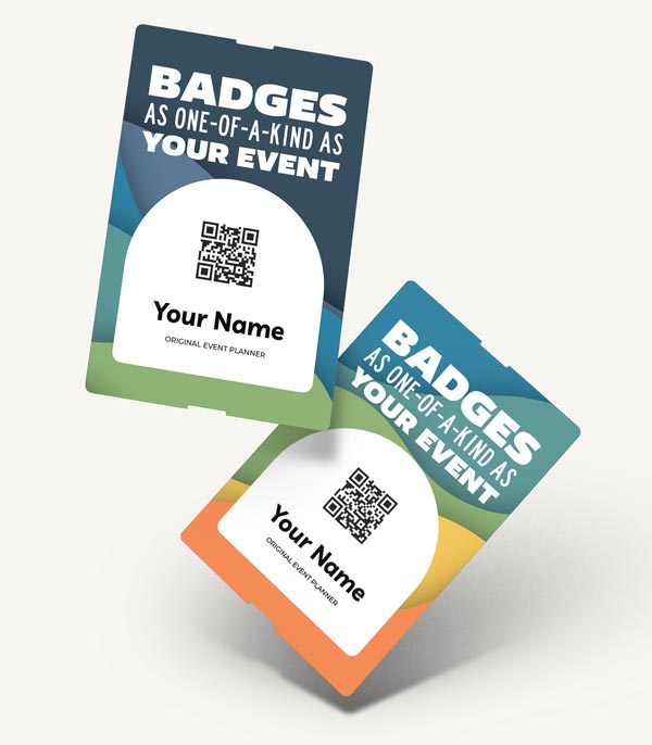 Event badge featuring a vibrant mosaic background pattern
