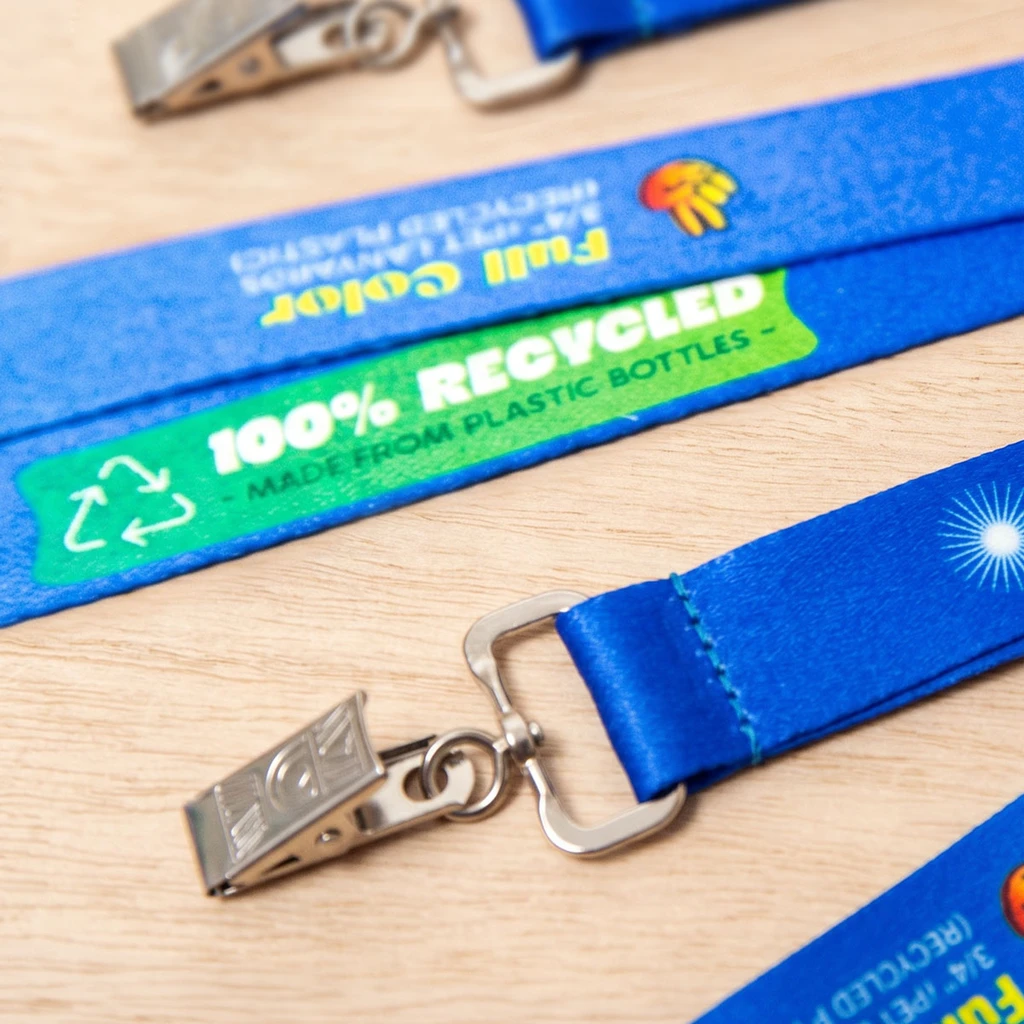 Custom recycled rPET lanyards with bulldog clips