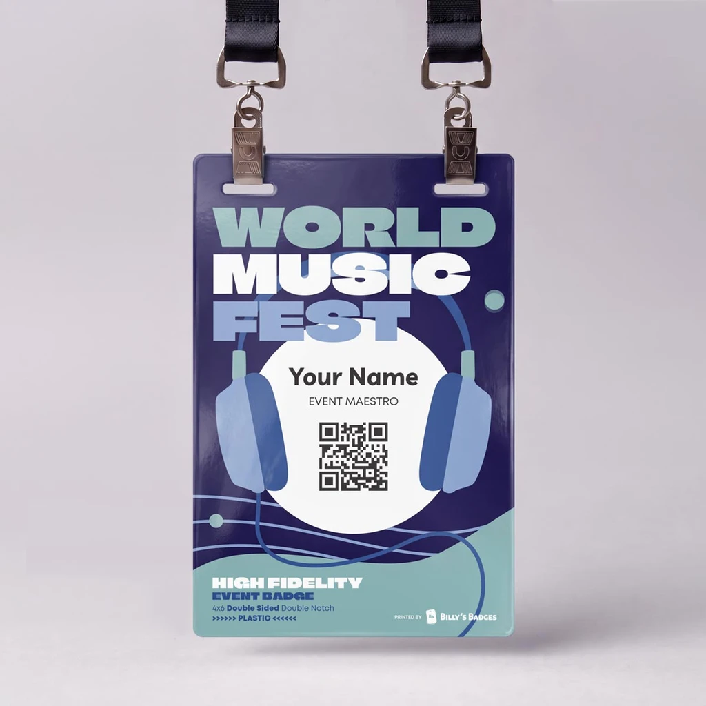 Close-up of the notch punched into the top of a custom plastic event badge with a lanyard clip attached