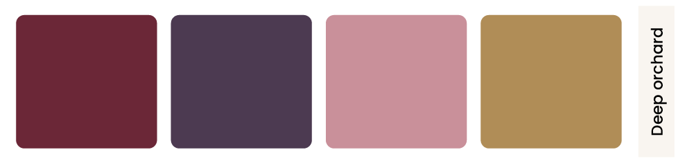Deep orchard fall palette: burgundy, plum, and dusty rose with a brass accent