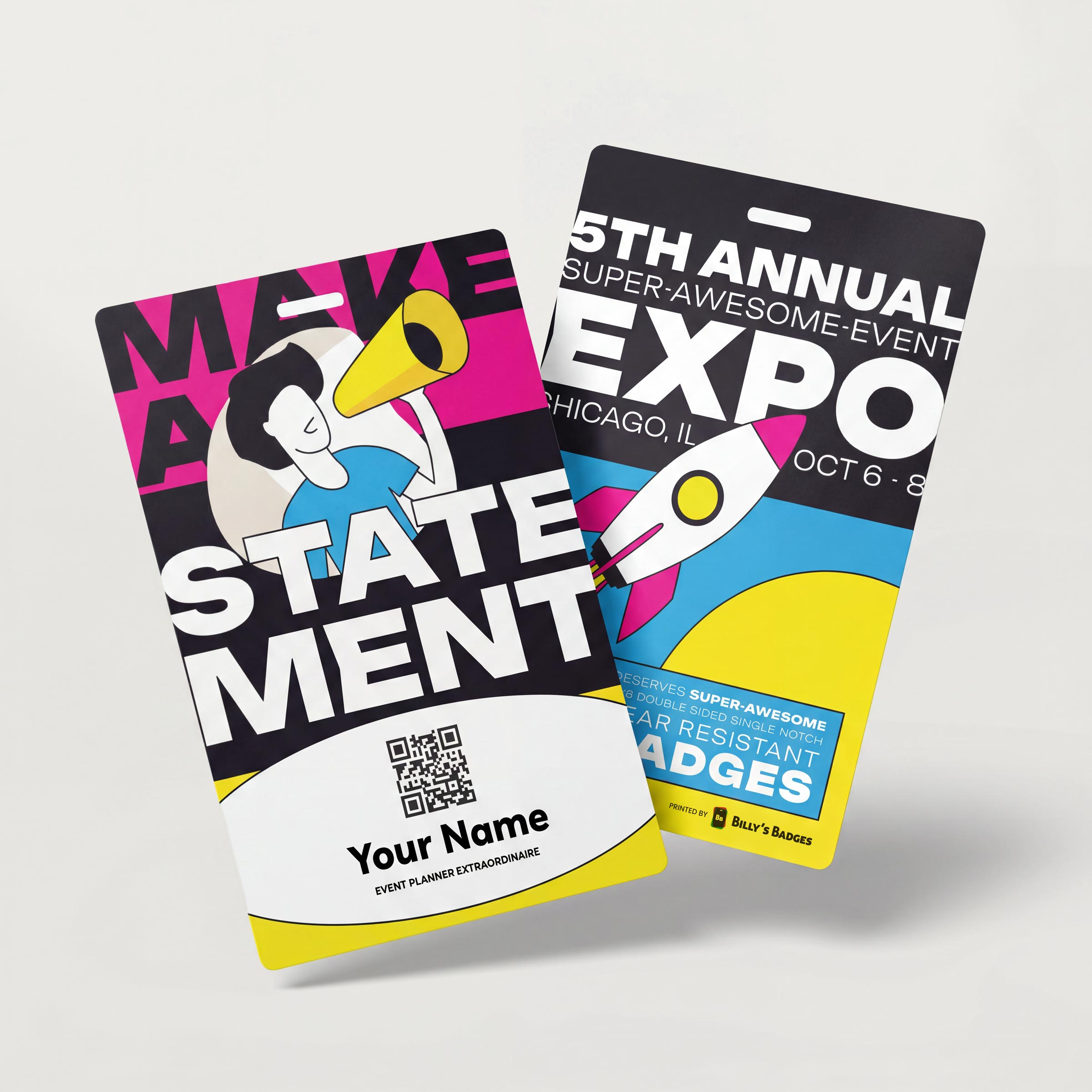 Custom event badge printed with saturated edge-to-edge brand color
