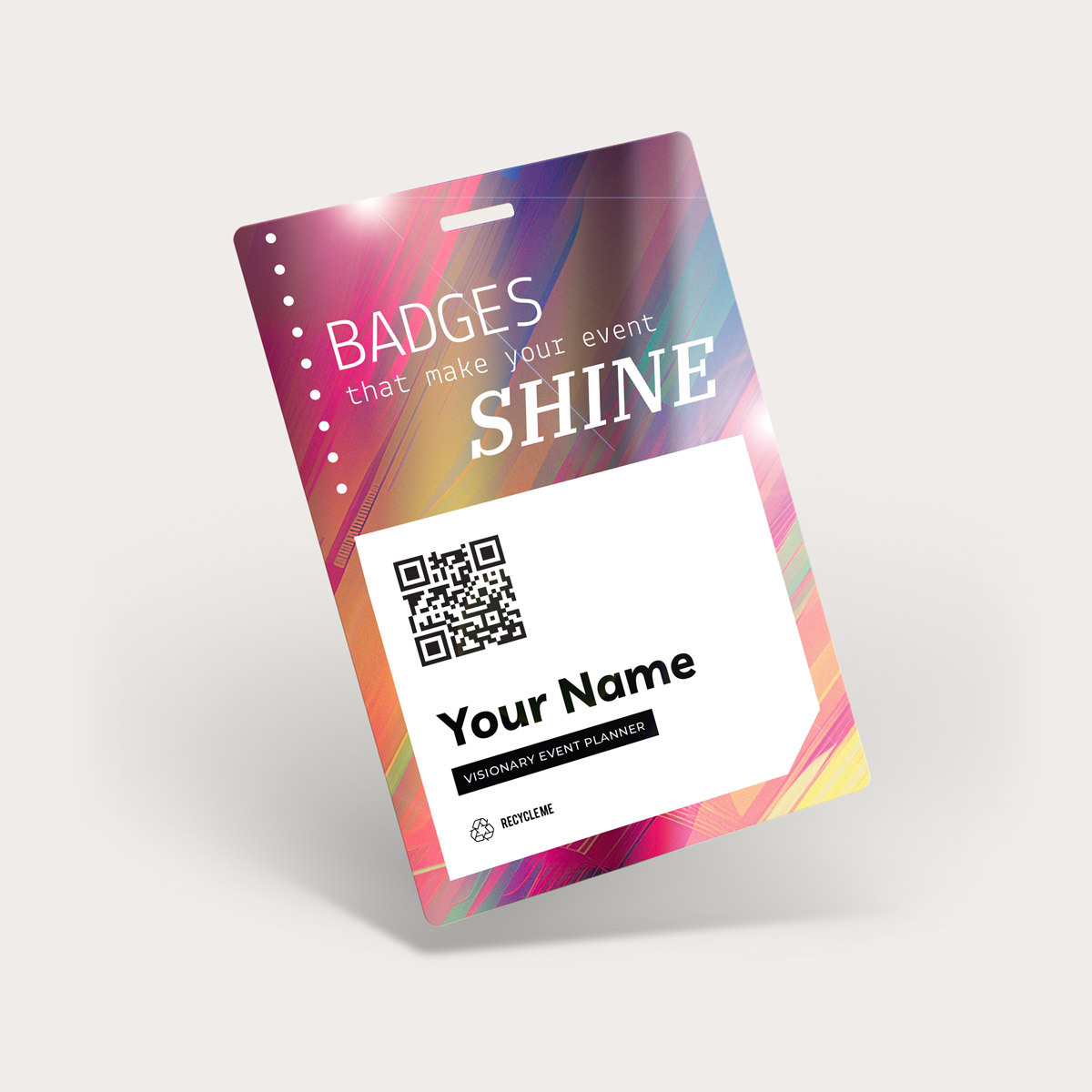 Custom conference name badge with metallic ink accents catching the light
