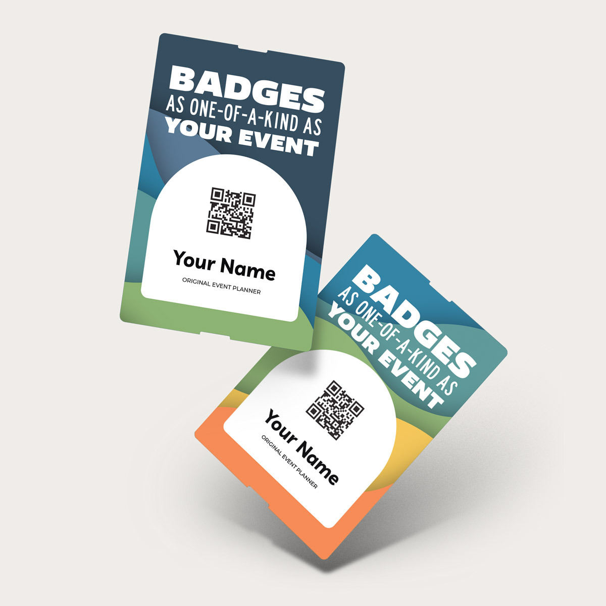 Custom conference name badge featuring a vibrant mosaic background pattern